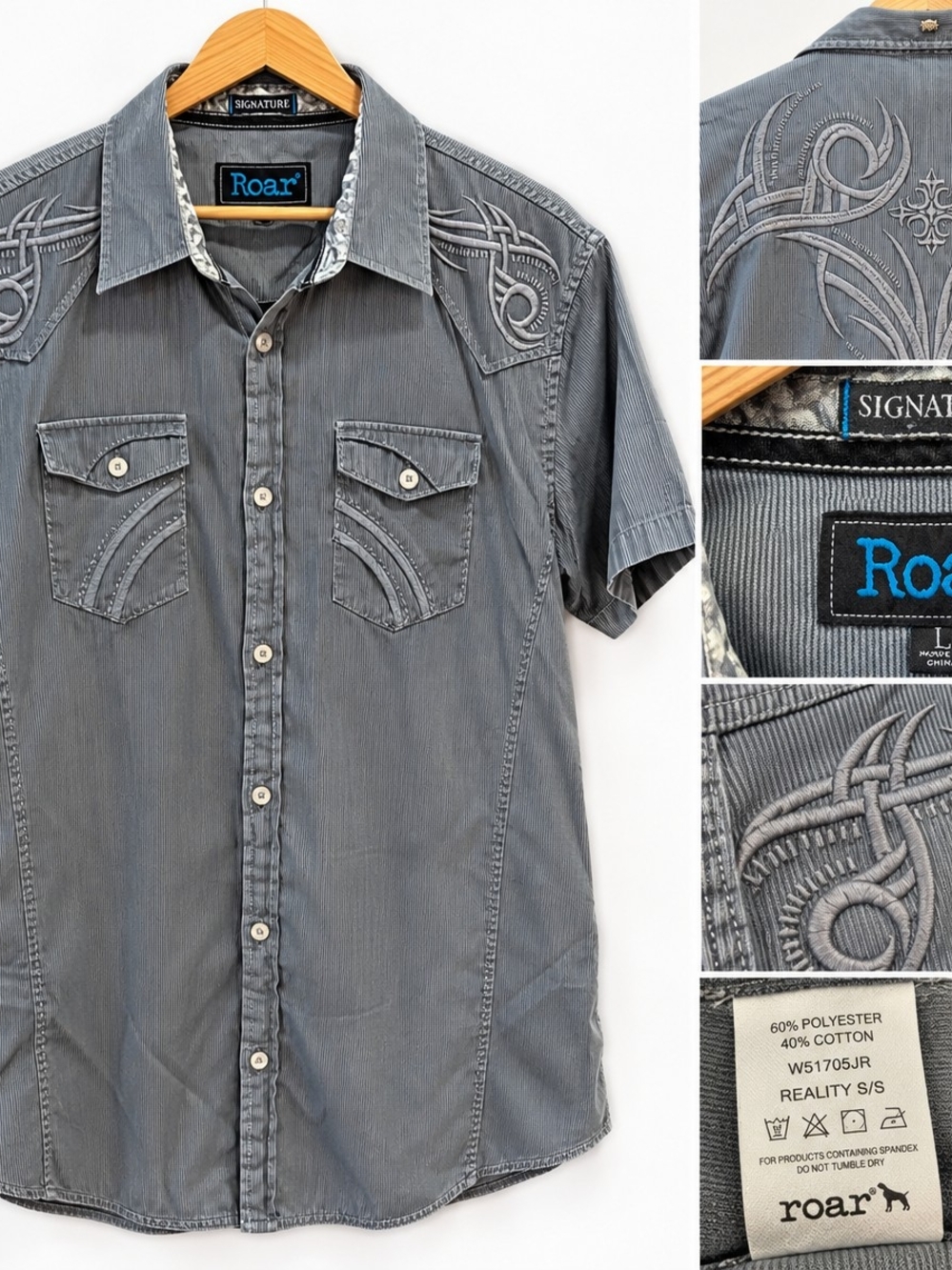 Roar Signature Men’s L Grey Embroidered Y2K Western Shirt